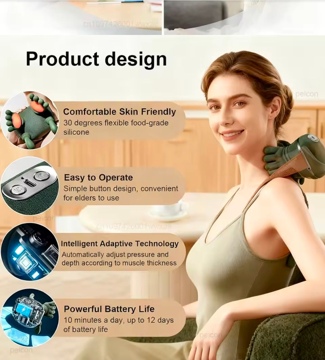 5-Finger Electric Neck & Shoulder Massager - Rechargeable Trapezius & Cervical Heat Therapy Pillow